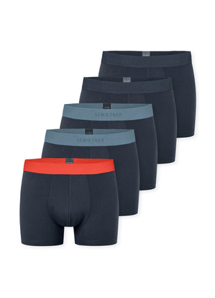 Schiesser short 5 pack 95/5 organic cotton boxer briefs dark blue waistband blue / red / dark blue heren 183214-901 Schiesser boxer lot de 5 95/5 organic cotton boxer briefs dark blue waistband blue / red / dark blue hommes